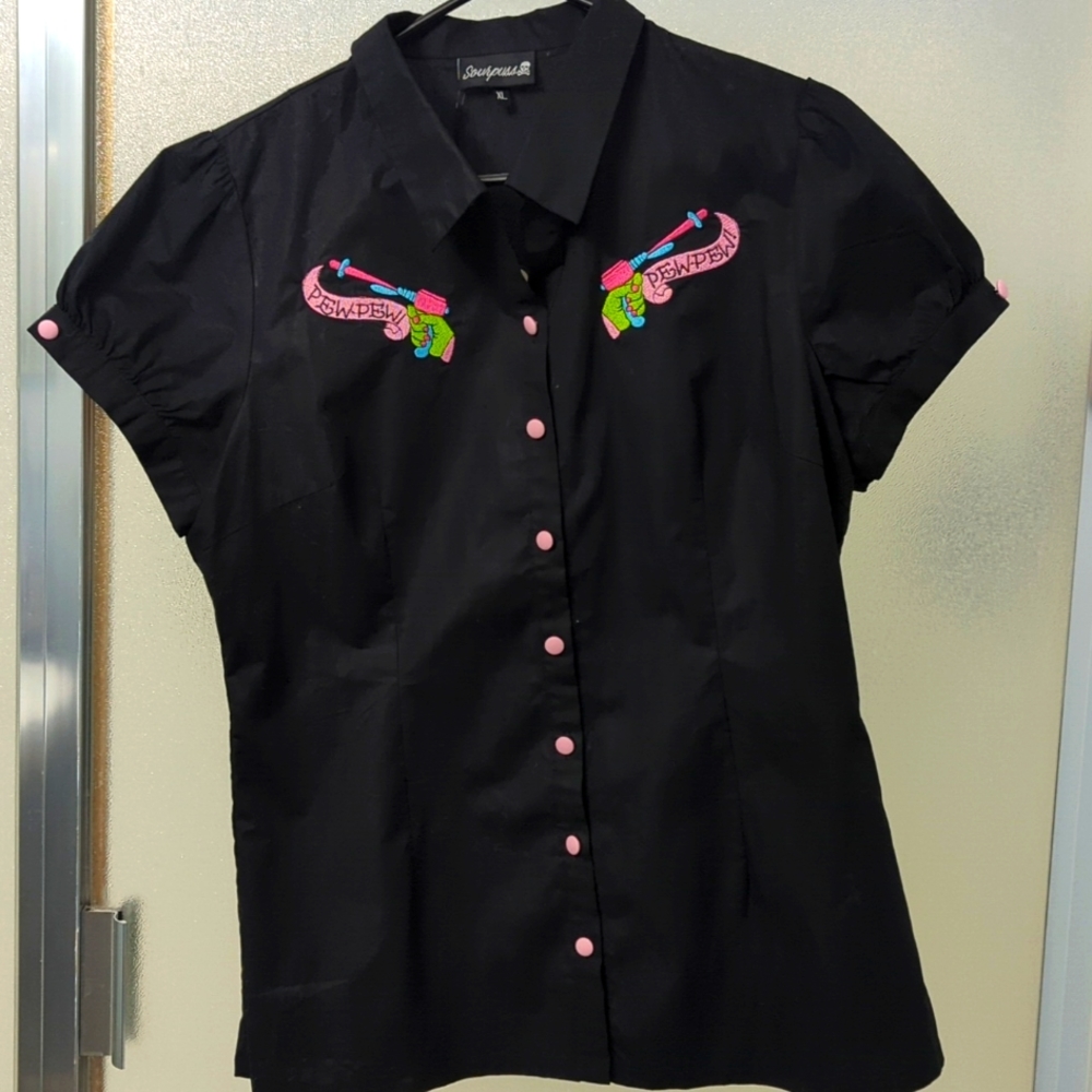 Button down Sourpuss pew pew shirt